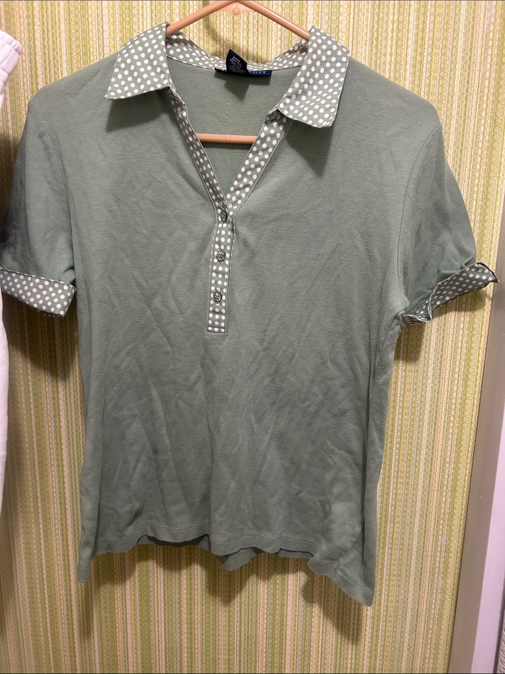 Karen Scott Sage Green Polo with White Polka Dot Trim